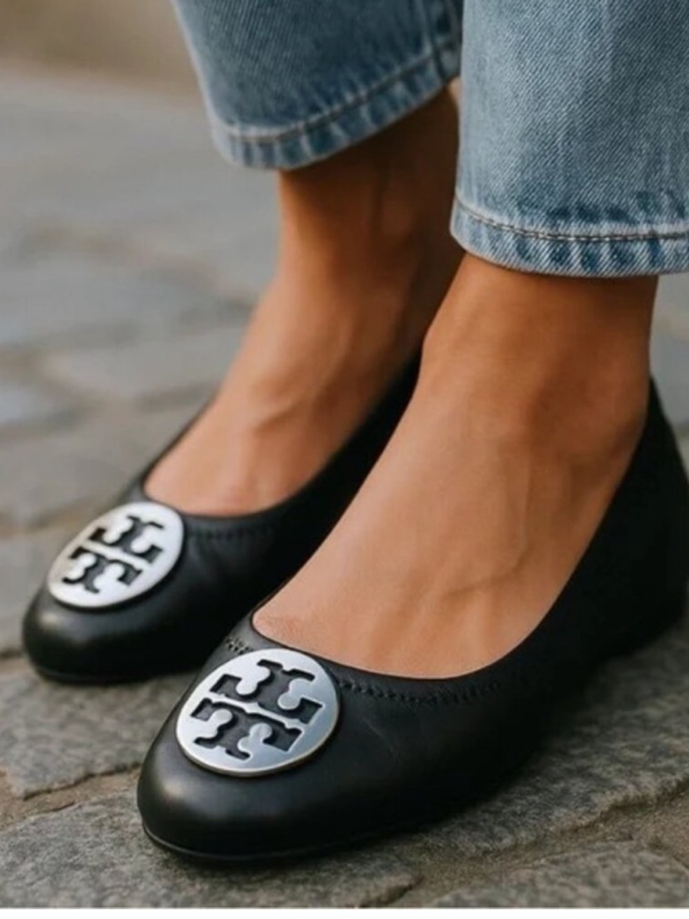 Tory Burch Classic Reva Black Leather Silver Logo Ballet Flat